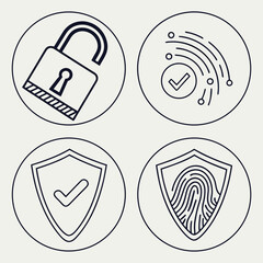 A set of four circular icons representing different aspects of digital security and personal data protection including a padlock a verified signal a shield and a fingerprint scan