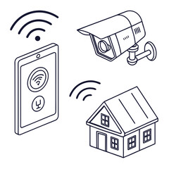 Modern smart home security system concept showing a wireless security camera connected to a smartphone controlling a house with wi fi signals