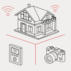 Illustration of a house with wireless signals connecting to a remote control and a camera representing smart home technology and security