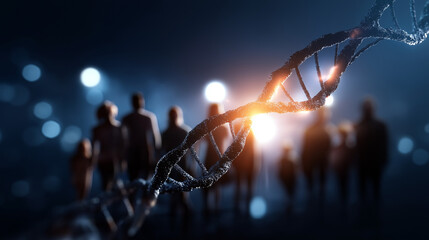 Digital wireframe of human genome with highlighted disease associated regions faceless genetic counseling visualization defocused family pedigree charts background hereditary