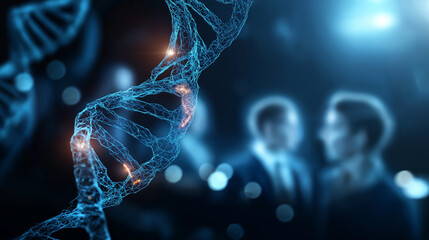 Digital wireframe of human genome with highlighted disease associated regions faceless genetic counseling visualization defocused family pedigree charts background hereditary