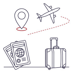 Conceptual illustration of travel elements including a location pin airplane with flight path passports and a rolling suitcase on a white background