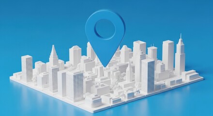Miniature white city model with large blue map pin marker.