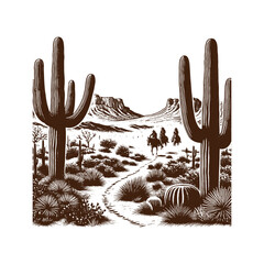 Cowboys Riding Through Desert Cactus Landscape — Black and White Western Line Art
