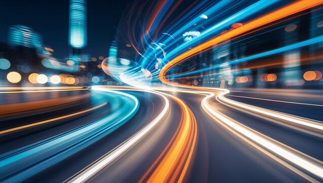 Dynamic light trails illuminate the city at night creating a vibrant urban scene perfect for illustrating speed, technology, and modern transportation concepts in marketing materials
