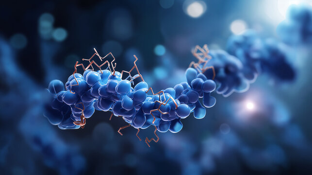 Crystalline protein structure model with alpha helices and beta sheets faceless structural biology visualization defocused X ray crystallography data background drug target