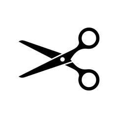 Flat Solid Black Open Scissors Icon with White Pivot Point, Simple Minimalist Design on Pure White Background