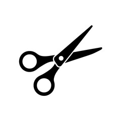 Minimalist Solid Black Scissors Icon with Open Blades, Centered on Pure White Background