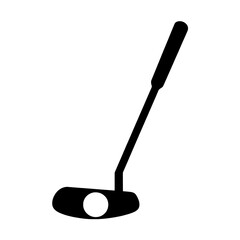 Minimalist Solid Black Golf Putter Icon with White Ball, Angled Diagonally on White Background