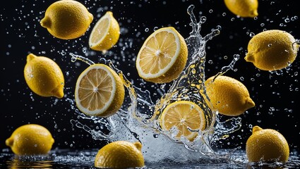 Fresh lemons splashing in water against a dark backdrop offer a vibrant, juicy burst of citrus flavor for health, wellness, summer drinks, and creative food photography