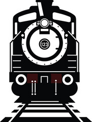 Steam locomotive front view, vintage train illustration, black and white engine, railroad perspective, classic transportation, bold graphic design, symmetrical art © Aiub