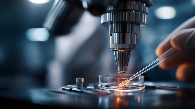 Faceless scientist injecting CRISPR Cas9 construct into microscopic embryo defocused microinjection apparatus background gene editing procedure knockout mouse generation