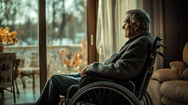 Elderly man in wheelchair contemplating life near window at home for Disability Pride Month, Disability Independence Day, Grandparents Day