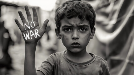 Heartfelt appeal for global peace embodied by a young boy's silent protest for International Day for Preventing the Exploitation of the Environment in War and Armed Conflict 