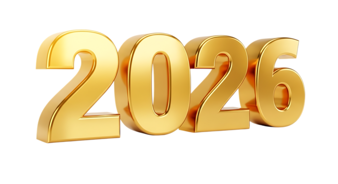 2026 golden 3d rendered number isolated on a white background, representing new year, future, prosperity, and success
