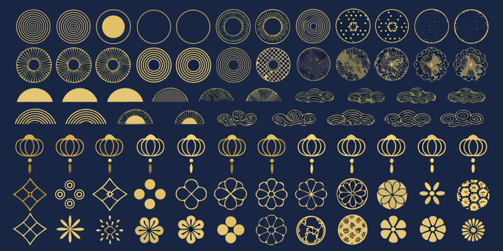 Collection of golden traditional asian geometric patterns and decorative elements on dark blue background