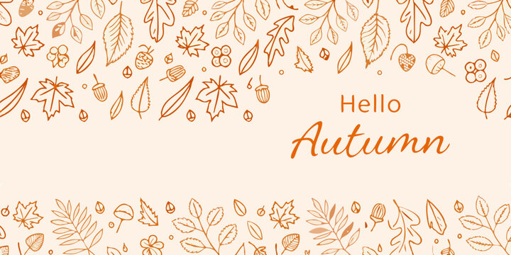 Hello autumn text with decorative border of hand drawn fall leaves acorns and berries