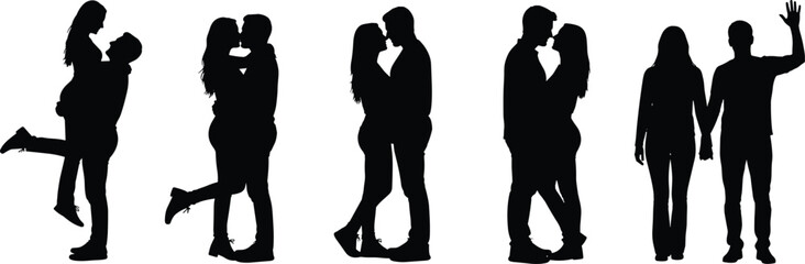 Couple, love, silhouette, vector, romantic, pose, embrace, kiss, holding hands, affection, black, white, relationship, interaction, standing, lifting, waving, intimacy, connection, illustration, 