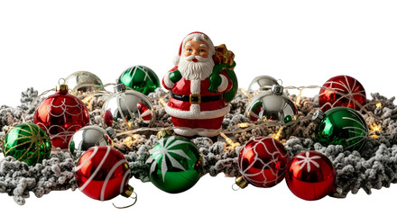 Santa Claus figurine surrounded by festive Christmas ornaments and twinkling lights, creating a joyful holiday scene