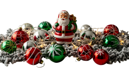 Santa Claus figurine surrounded by festive Christmas ornaments and twinkling lights, creating a joyful holiday scene