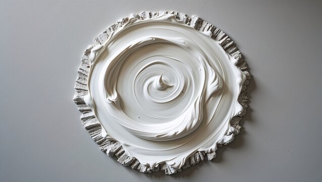 Swirling white decorative plaster with textured edges creating a modern abstract design element perfect for artistic projects or minimalist backgrounds on gray