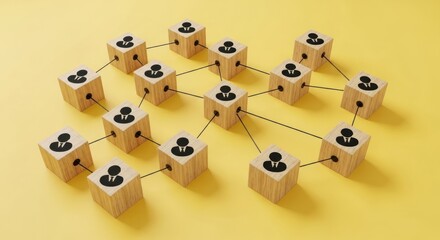 Wooden blocks with user icons connected by black lines on yellow.