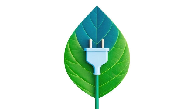 Green energy concept: electric plug and cord on a vibrant leaf isolated on white background