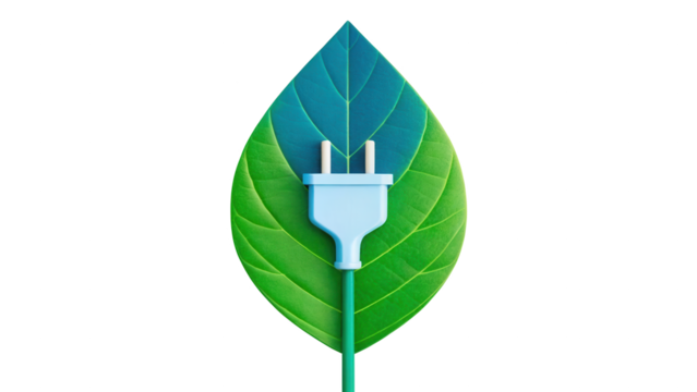 Green energy concept: electric plug and cord on a vibrant leaf isolated on white background