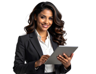 Businesswoman using a digital tablet. Isolated on transparent background.