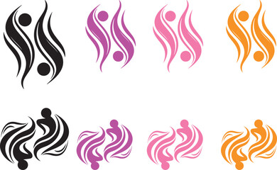 Abstract black and white design featuring two stylized figures in dynamic flowing motion