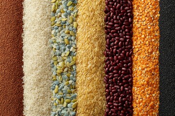 Colorful Array of Grains and Legumes Displayed in Neat Rows on a Flat Surface
