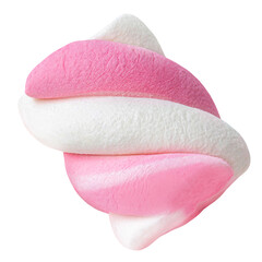 Flying fluffy Marshmallow isolated on white. High-Quality Levitating Marshmallow. Twisted colorful marshmallow Top view. Flat lay. 
