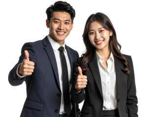 Happy business colleagues, a man and a woman, giving thumbs up, isolated on transparent background.