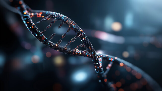 Spiraling double helix made of binary code and genetic letters faceless digital biology concept defocused matrix of data streams background representing bioinformatics - Powered by Adobe