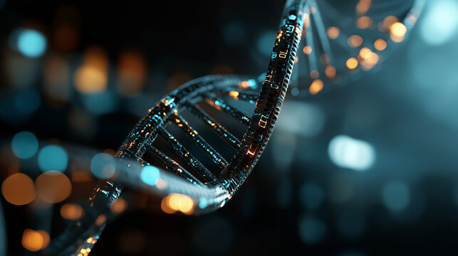 Spiraling double helix made of binary code and genetic letters faceless digital biology concept defocused matrix of data streams background representing bioinformatics