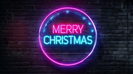A super realistic, striking image of a vibrant neon sign with the words Merry CHRISTMAS inside a circular border, glowing brilliantly against a dark, textured brick wall.