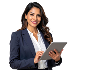 Businesswoman using a digital tablet. Isolated on transparent background.