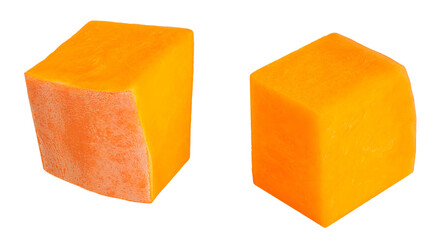 Pumpkin pieces isolated.  Diced Pumpkin pieces on white background. Package design element