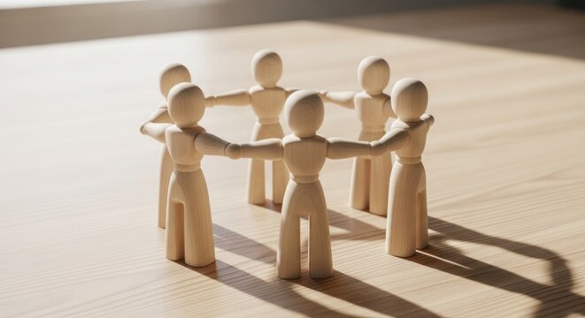 Wooden figures holding hands in a circle on a light surface.