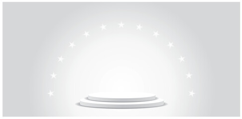 star lights in circle over white pedestal, vector bright illustration background