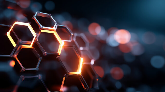Interconnected hexagonal cells forming honeycomb pattern with molecular structures faceless nanotechnology visualization defocused graphene lattice background nanomedicine