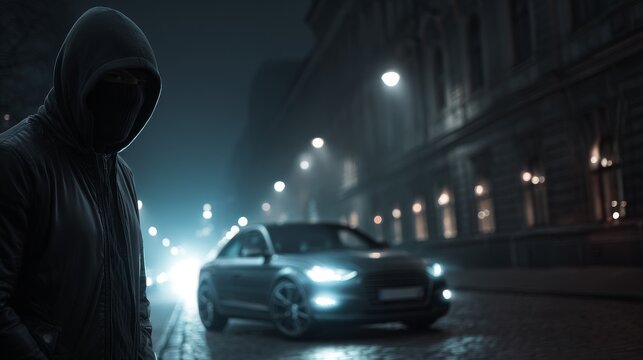A masked thief in balaclava and the modern car at night street in the background