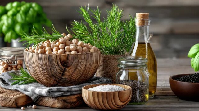 Rustic composition with chickpeas in a wooden bowl, fresh rosemary, basil, garlic, sea salt, pepper, and olive oil, creating a wholesome and natural culinary still life display
