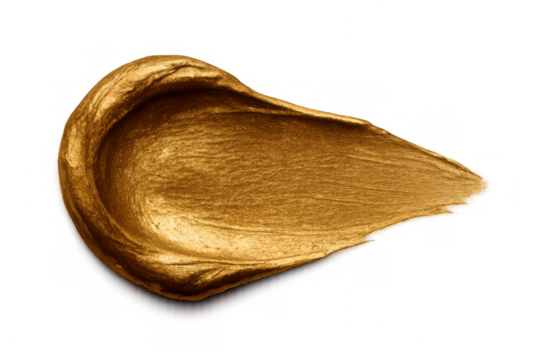 Golden paint smear creating a rich metallic texture. Abstract art element with shiny glitter, perfect for creative design. Transparent background