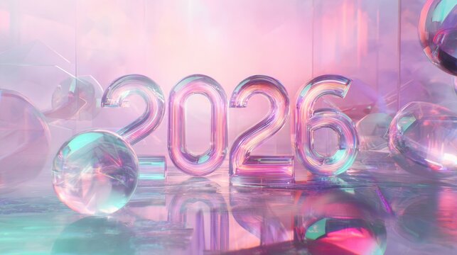 Bright and colorful representation of the year 2026 with transparent numbers and crystal-like shapes displayed on a shiny surface reflecting light