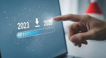 Hand touching laptop screen displaying a digital progress bar for a 2023 to 2026 update, symbolizing future planning, growth, and technological adv...