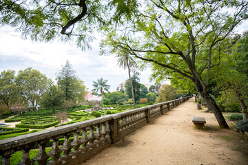 Garden terrace walkway with railing in Belem, Lisbon, Portugal
