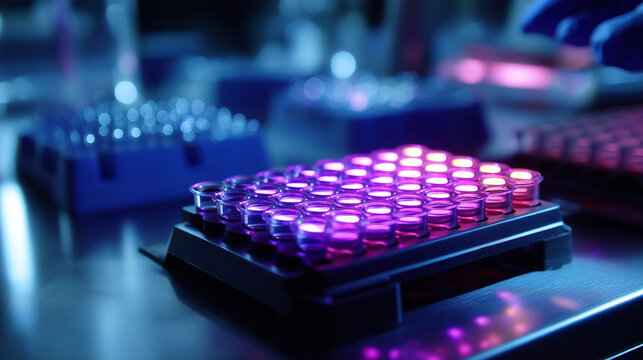 Quantum dots glowing in different colors representing multiplexed detection faceless nanobiotechnology application defocused semiconductor nanocrystals background fluorescent