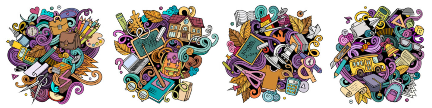 School cartoon vector doodle designs set.