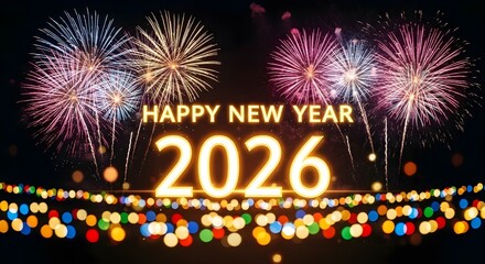 Happy new year 2026 with fireworks and bokeh lights